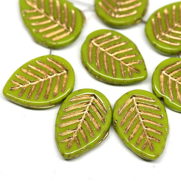 12x16mm Green Side drilled leaf beads Gold wash czech glass beads 8pc