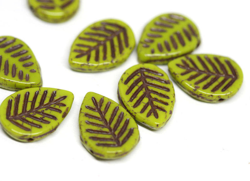 12x16mm Picasso green Side drilled leaf czech glass beads 8pc