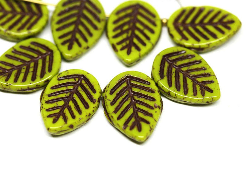 12x16mm Picasso green Side drilled leaf czech glass beads 8pc