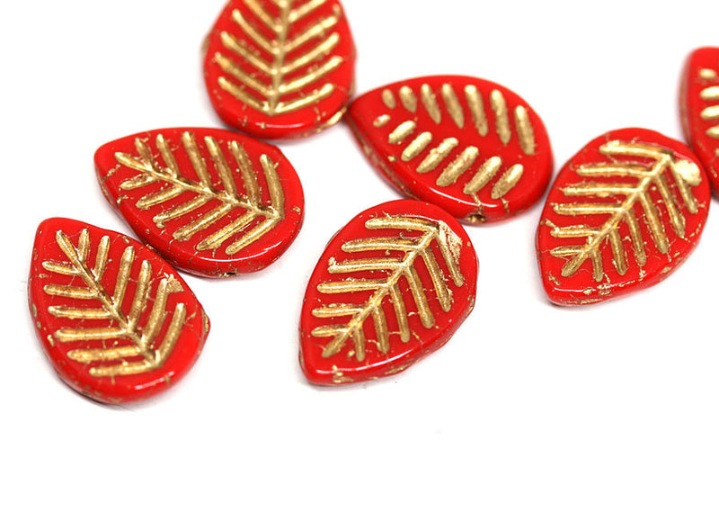 12x16mm Red Side drilled leaf beads Gold wash 8pc