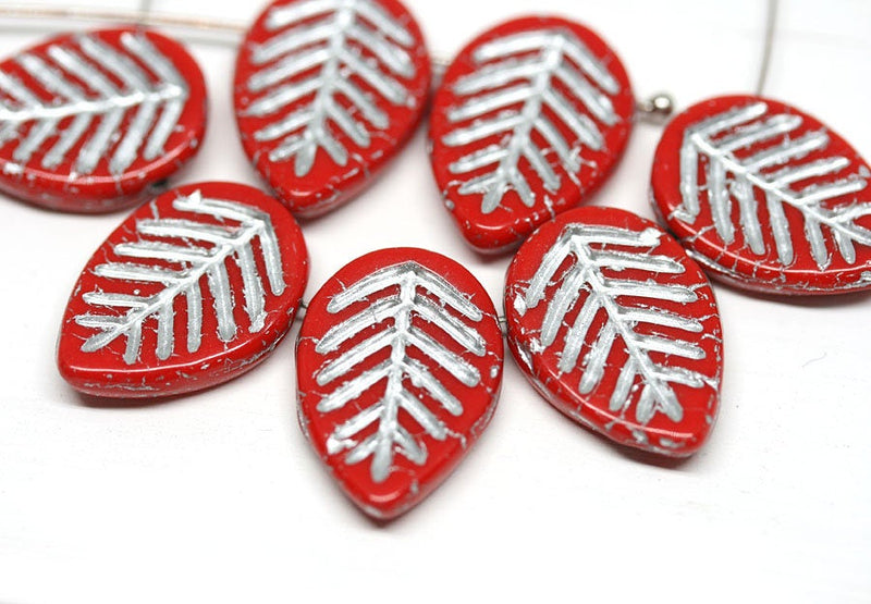 12x16mm Side drilled Red leaf beads, Silver wash czech glass beads 8pc