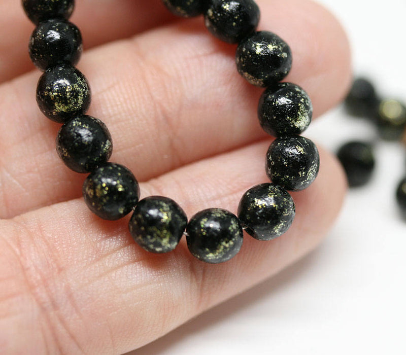 6mm Black glass beads Golden flakes Czech glass druk round spacers - 30Pc