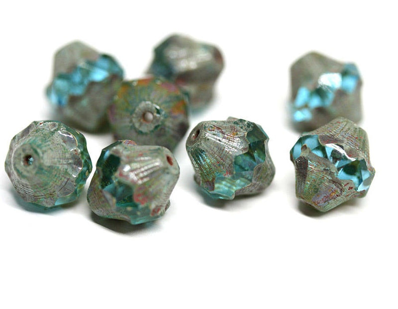 11x10mm Aqua blue Baroque czech glass Picasso beads Fire polished large rustic bicones - 4pc