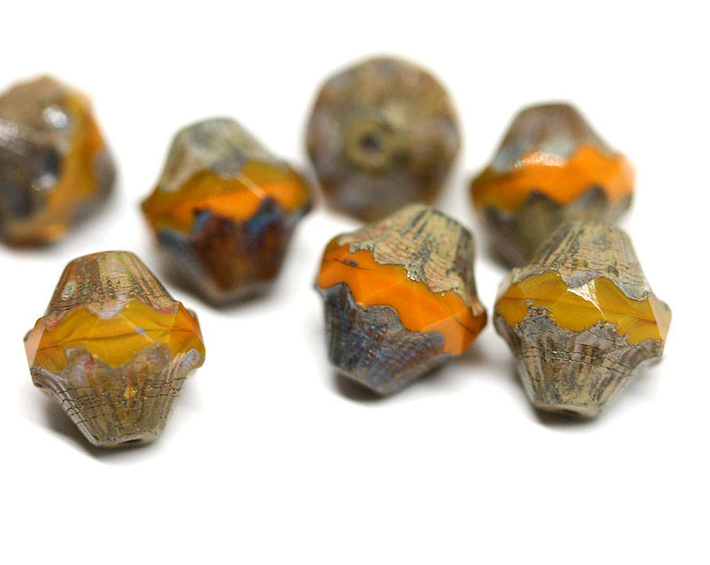11x10mm Yellow Orange bicone beads Baroque czech glass Picasso Fire polished - 4pc