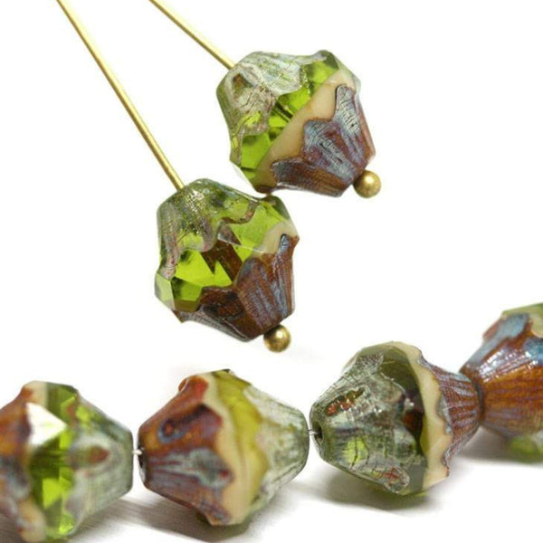 11x10mm Green Brown bicone beads Baroque czech glass Picasso beads Fire polished - 4pc