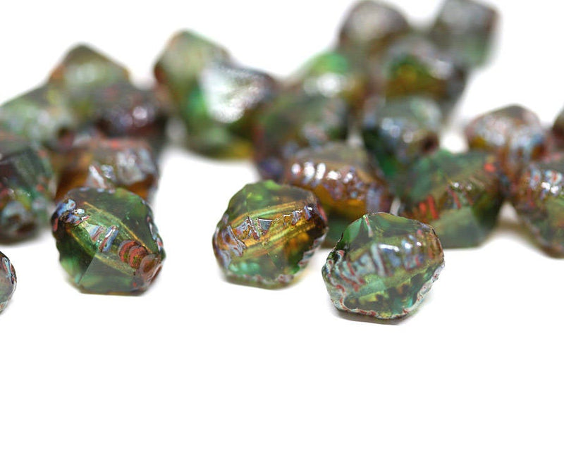 8x6mm Green Brown bicone czech glass beads Picasso Fire polished 15Pc