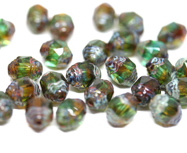 8x6mm Green Brown cathedral beads Picasso czech glass barrel beads Fire polished 15Pc