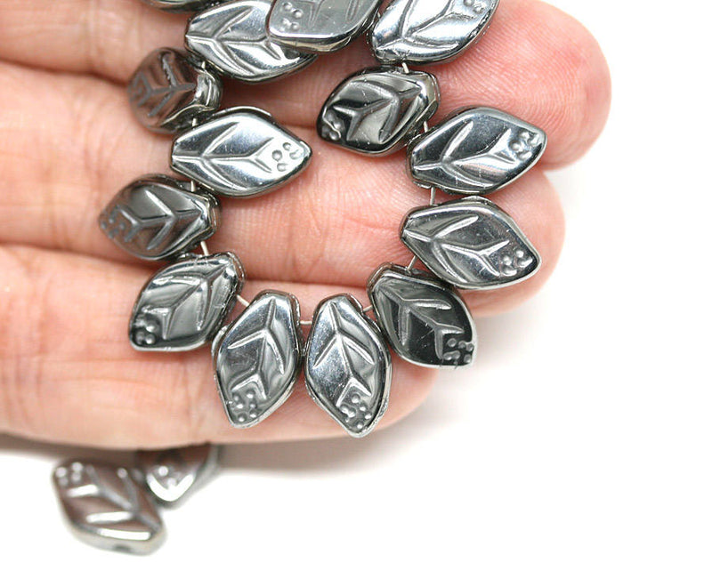 12x7mm Steel grey leaf beads Dark Silver Czech glass - 25Pc