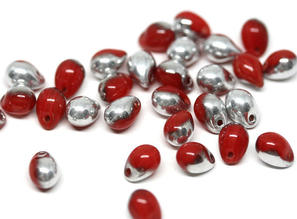 5x7mm Red Silver teardrop beads Czech glass red drops - 30pc