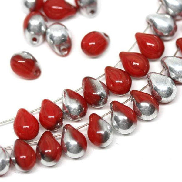 5x7mm Red Silver teardrop beads Czech glass red drops - 30pc