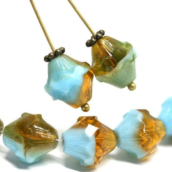 11mm Blue Amber Topaz Baroque czech glass beads Fire polished large bicones 4pc