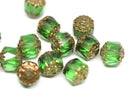 8mm Green cathedral Czech glass golden ends round fire polished ball beads 15Pc