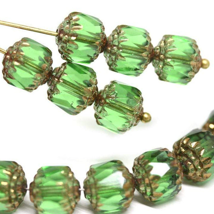 8mm Green cathedral Czech glass golden ends round fire polished ball beads 15Pc