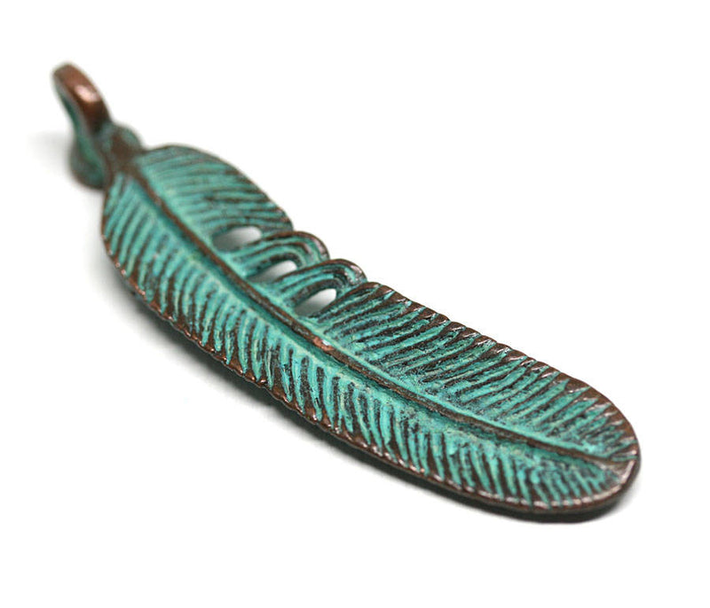 Feather pendant bead with Claws, Green patina