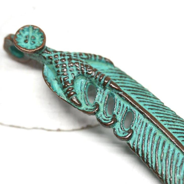 Feather pendant bead with Claws, Green patina
