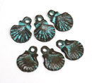 6pc Oyster small shell charms, 12mm Green patina