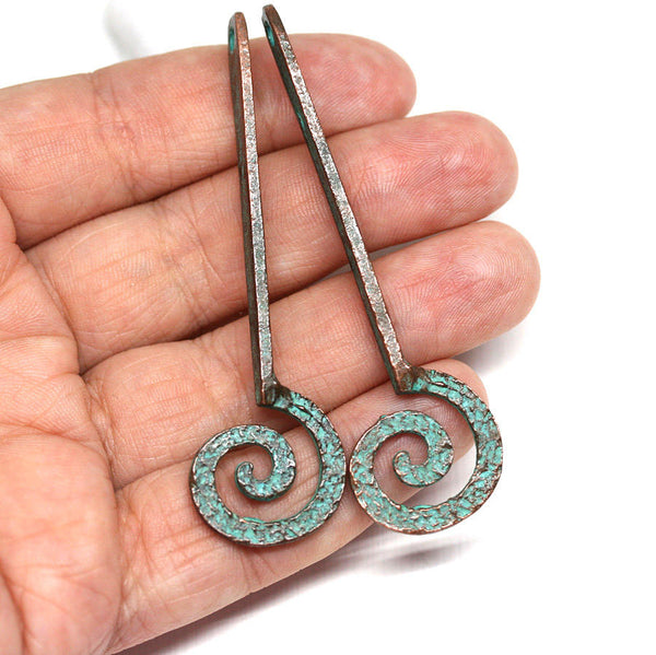 70mm Green patina long copper spiral hammered pendants 2pc