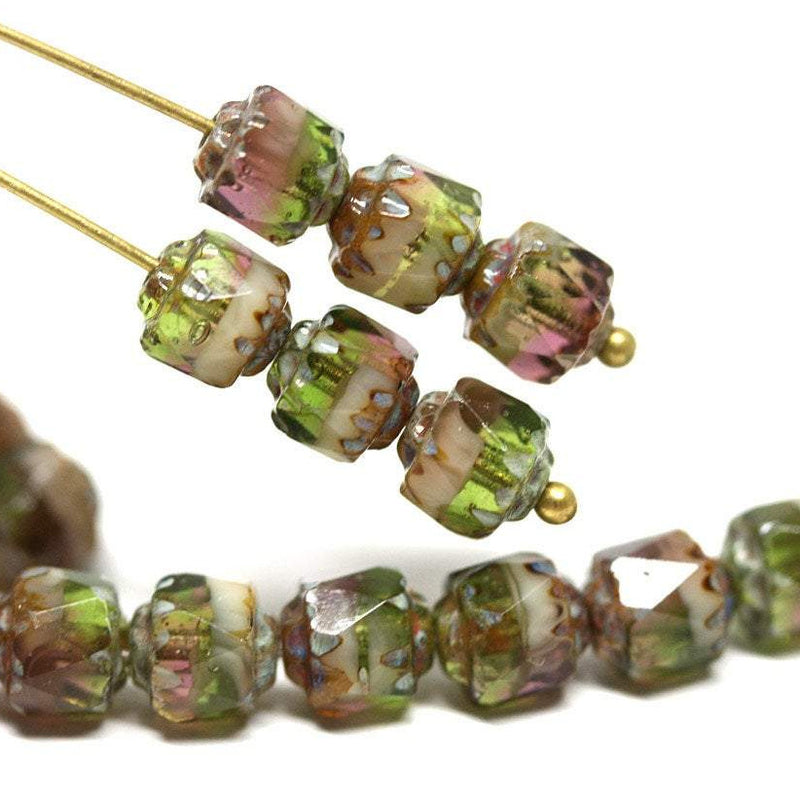 6mm cathedral czech glass beads, Mixed purple green color Picasso fire polished 20Pc