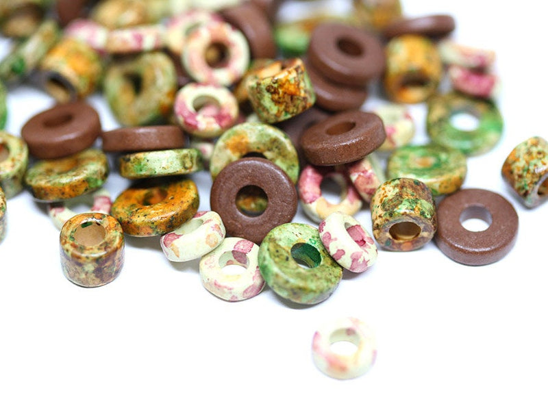 Brown Green ceramic rondelle beads mix Woodland colors