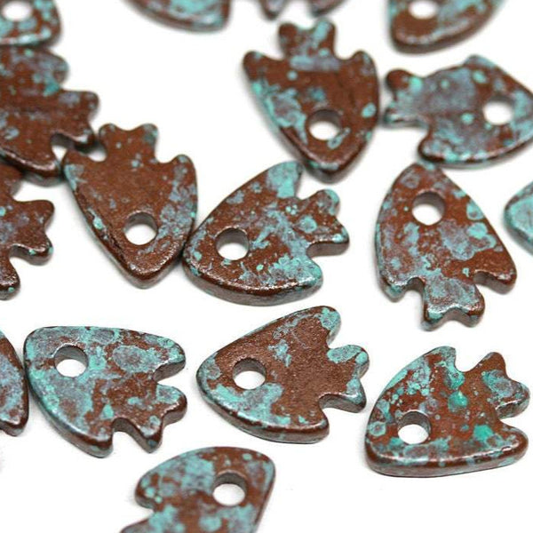 10mm Ceramic Fish charm beads Brown Turquoise small fish beads - 20pc