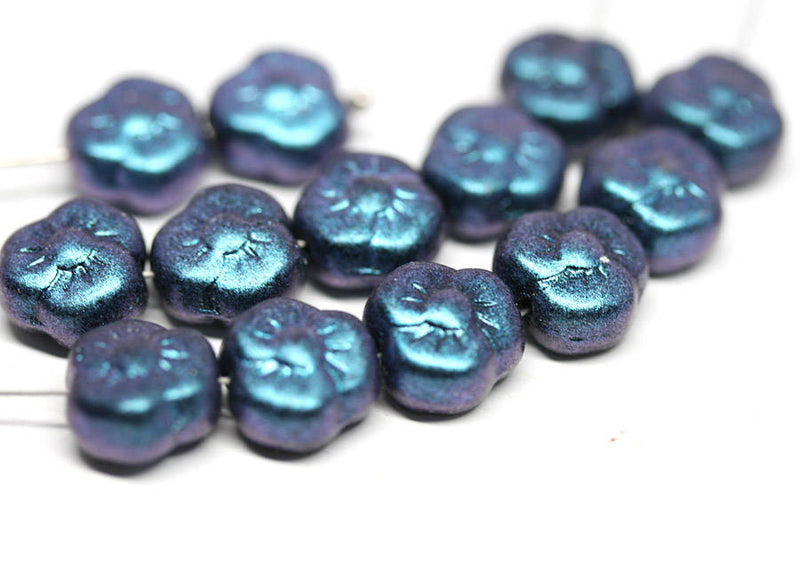 9mm Blue Purple czech glass flower Metallic blue three petal daisy flower beads - 20Pc