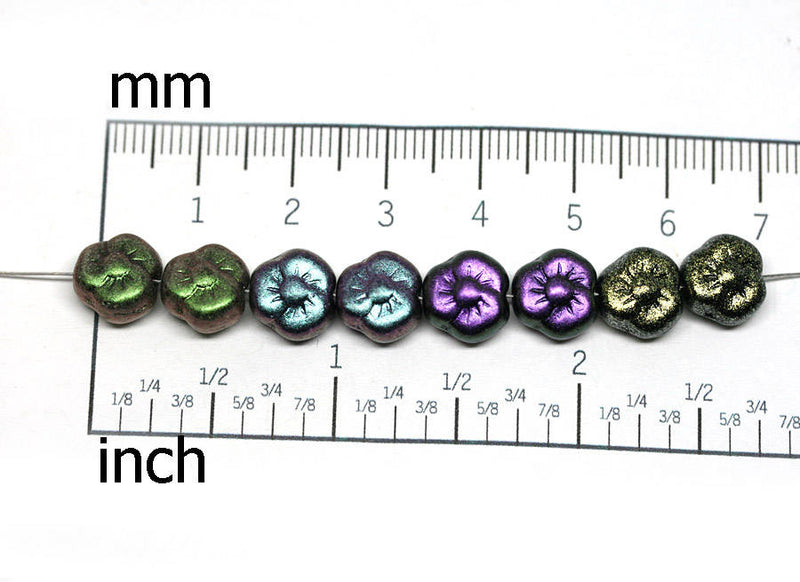 9mm Metallic green czech glass flower three petal daisy bead - 20Pc