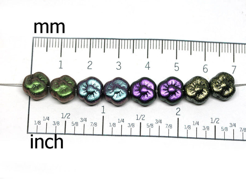 9mm Black Gold flower czech glass bead Metallic Black - 20Pc