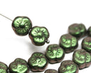 9mm Metallic green czech glass flower three petal daisy bead - 20Pc