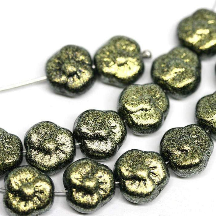 9mm Black Gold flower czech glass bead Metallic Black - 20Pc