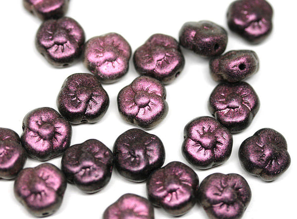 9mm Pink Purple czech glass flower Metallic Purple three petal daisy - 20Pc