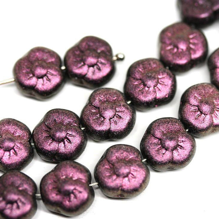 9mm Pink Purple czech glass flower Metallic Purple three petal daisy - 20Pc