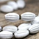 14x8mm White oval Large czech glass barrel beads Silver wash - 8Pc