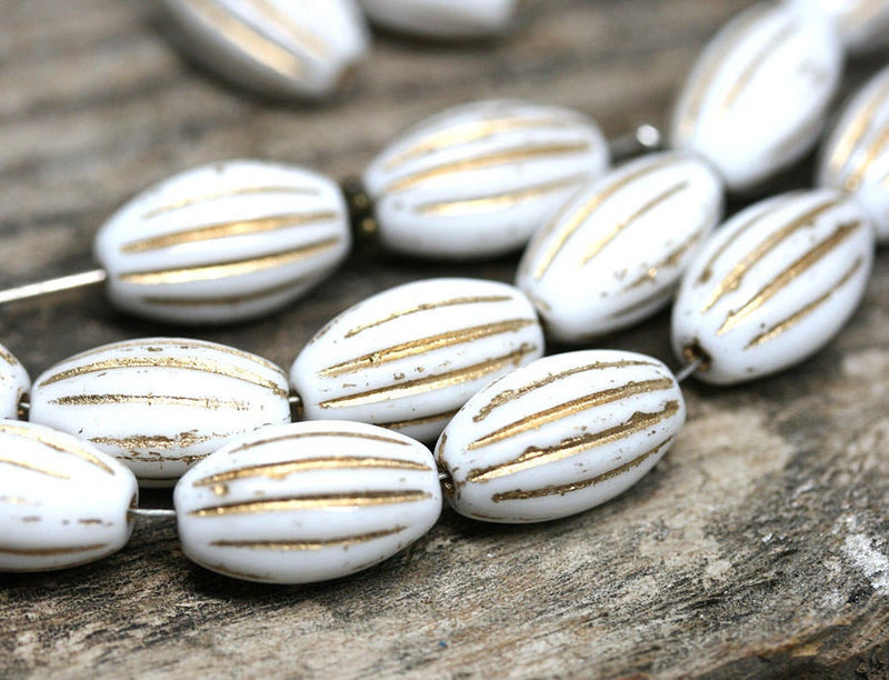 14x8mm White oval Large czech glass barrel beads Gold wash - 8Pc