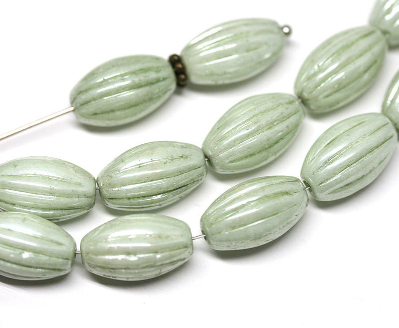 14x8mm Antique Green Carved Large czech glass barrel beads Luster coating - 8Pc