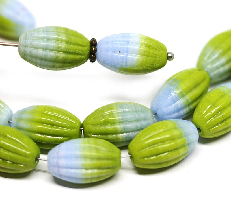 14x8mm Green Blue oval сarved Large czech glass barrel beads 8Pc