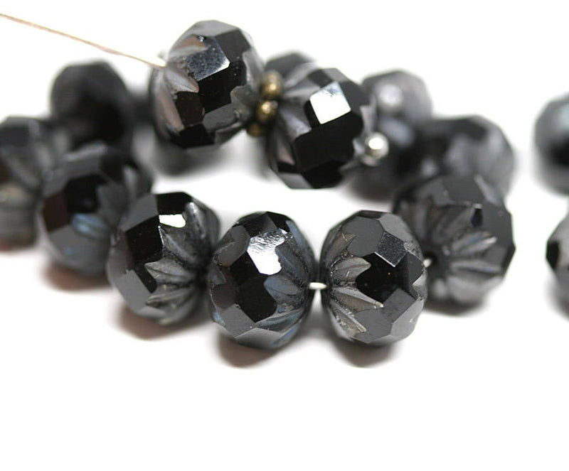 7x10mm Black Matte rondelle Crueller czech glass beads - 8Pc