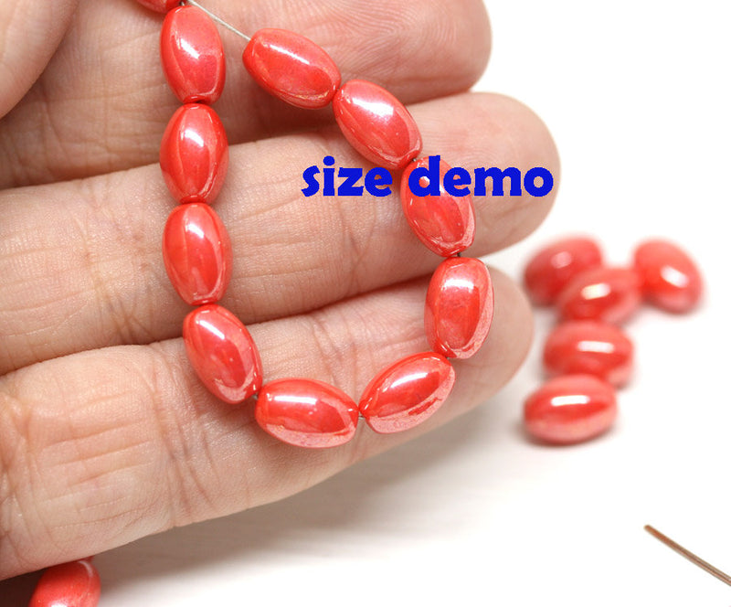 9x6mm Coral red oval Czech glass pressed barrel beads AB finish, 30pc