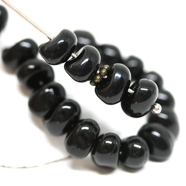 20Pc Black puffy rondels Organic shape czech glass beads - 20Pc