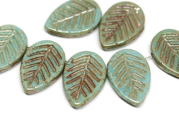 12x16mm Turquoise glass leaf beads Side drilled Picasso Travertin - 6pc