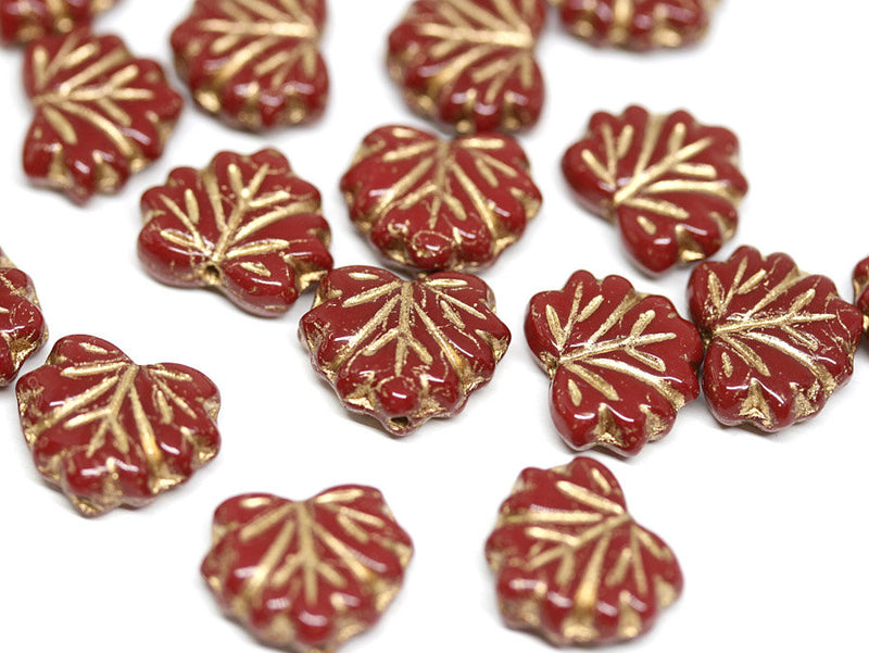 11x13mm Red Gold glass beads maple leaf Czech glass Golden inlays - 10Pc