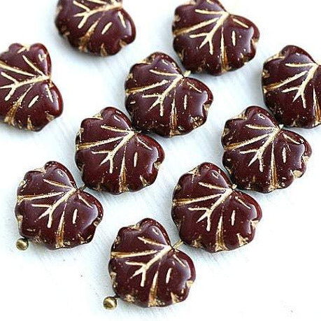 11x13mm Brown Red maple leaf bead Czech glass leaves Golden inlays - 10Pc