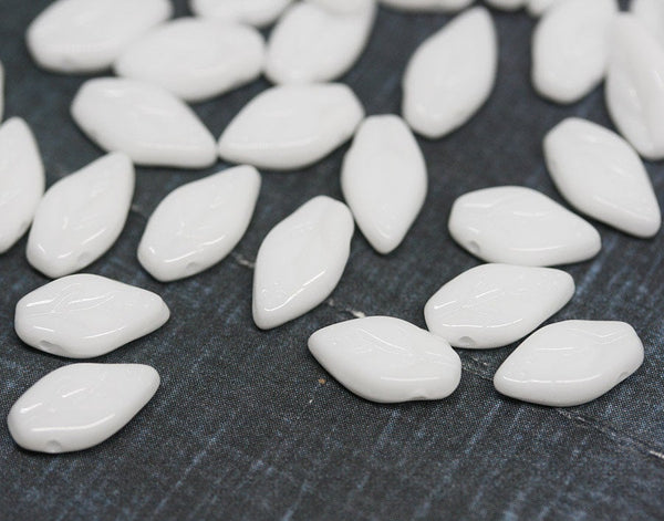10x6mm White leaf beads, Czech glass pressed leaves - 40Pc