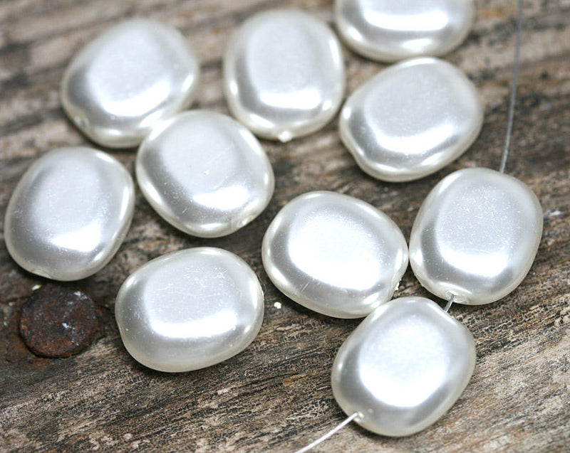 14x12mm Faux Pearl white large  Czech glass beads Flat oval - 6Pc