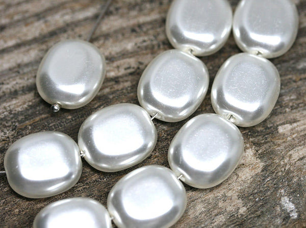 14x12mm Faux Pearl white large  Czech glass beads Flat oval - 6Pc
