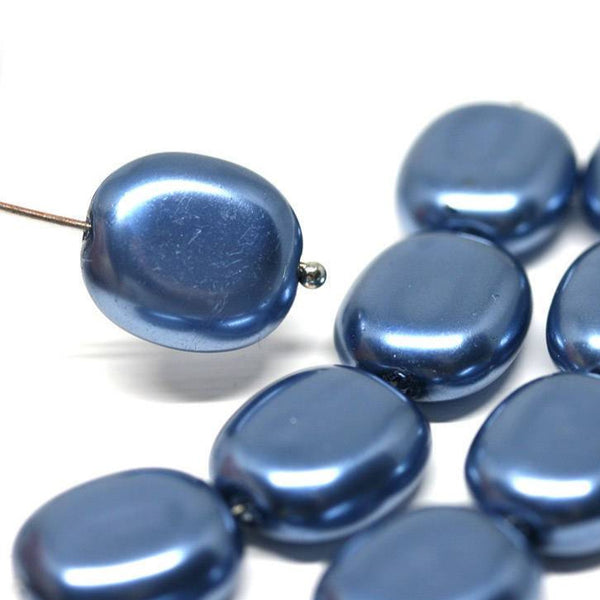14x12mm Faux Pearl Montana Blue large glass beads, Flat oval - 6Pc