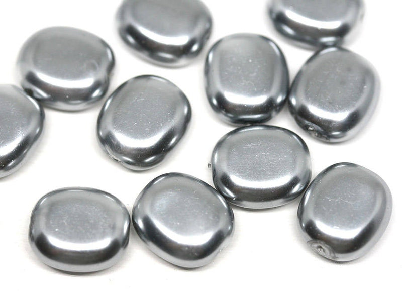 14x12mm Silver Faux Pearl large Czech glass beads Flat oval - 6Pc