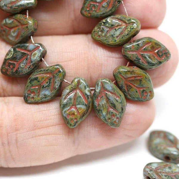 12x7mm Picasso brown green leaf beads Rustic Czech glass - 25Pc