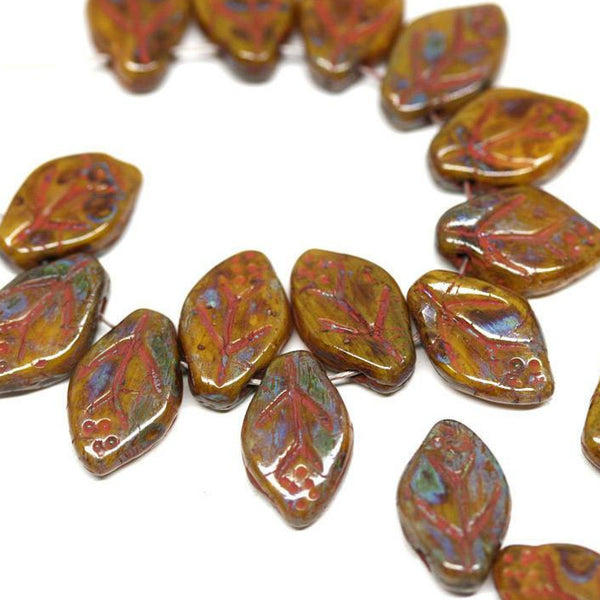 12x7mm Ocher Yellow leaf beads Picasso Dark Yellow brown Czech glass - 25Pc