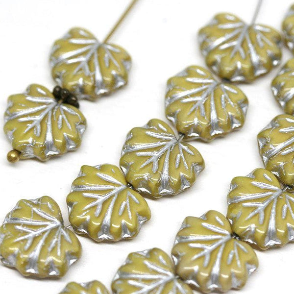 11x13mm Light Yellow glass leaf beads Silver inlays Maple leaves - 10pc