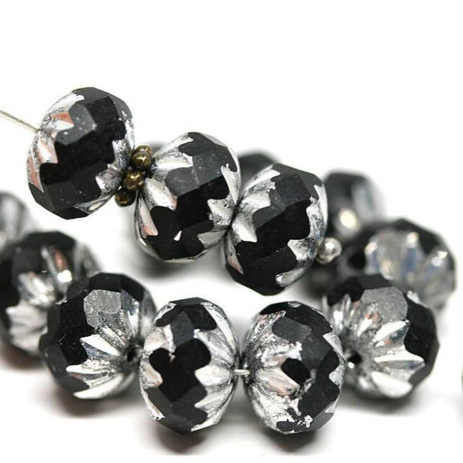 7x10mm Black Silver rondelle Crueller glass beads - 8Pc